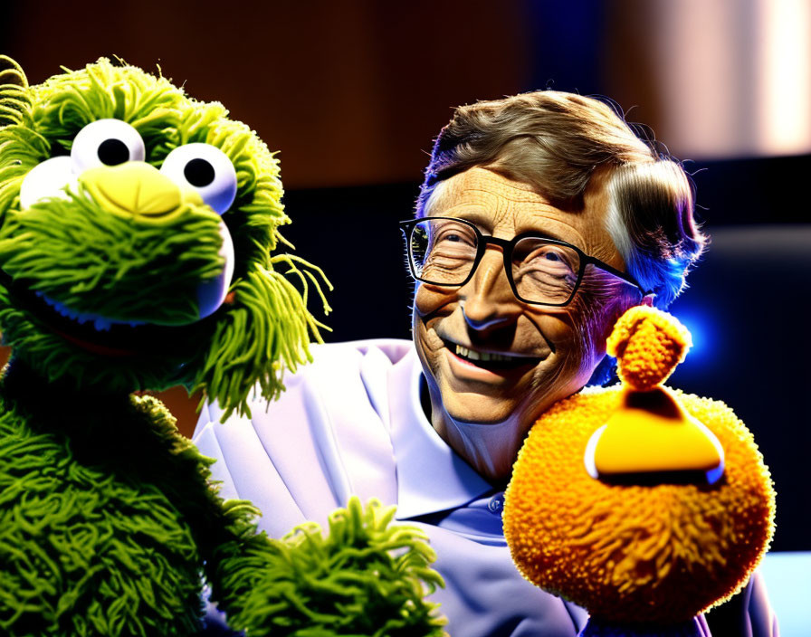 Man with Glasses Sitting Next to Two Vibrant Puppets on Blurred Background