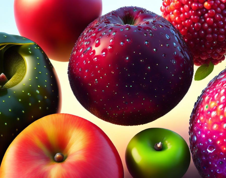 Assorted Fresh Fruits: Red and Green Apples, Berries in Vibrant Close-Up