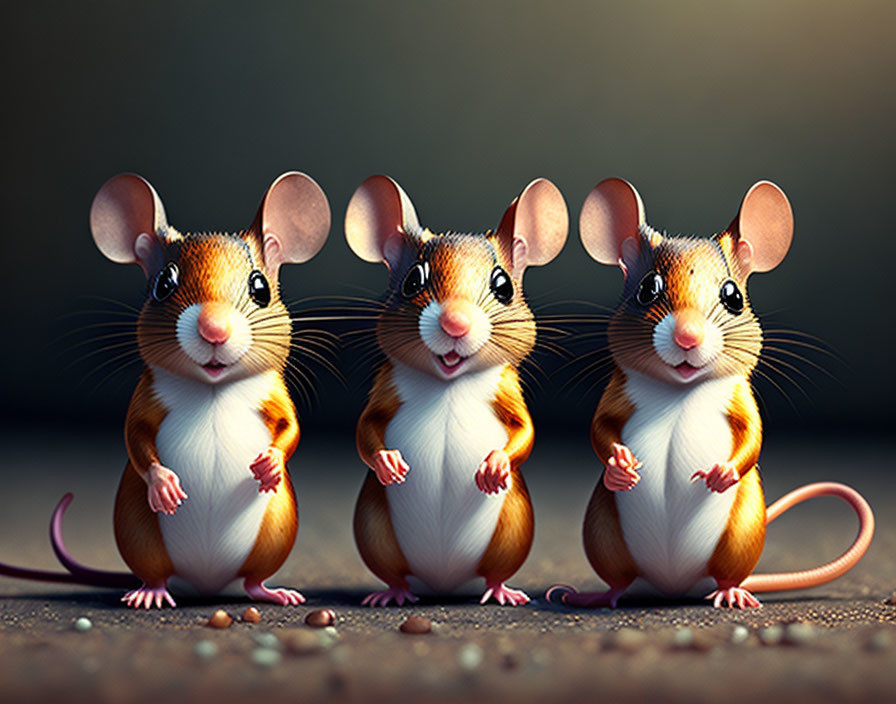 Three upright cartoon mice with human-like expressions in twilight backdrop.