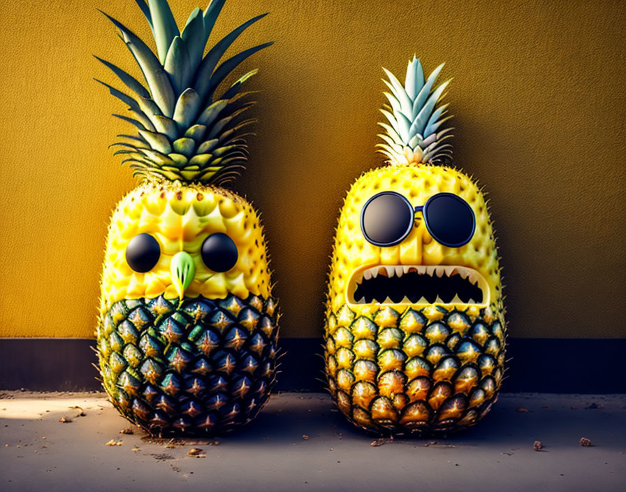 Anthropomorphic Pineapples with Sunglasses Faces on Yellow Wall