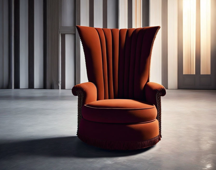 Red High-Back Armchair with Pleated Details in Room with Striped Walls