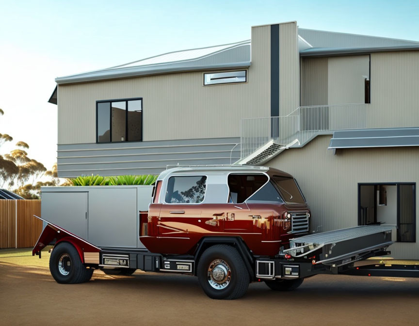 Red Pickup Truck Parked Outside Modern Two-Story House at Dusk