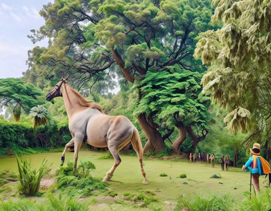 Majestic horse in striking pose with hiker under lush green trees