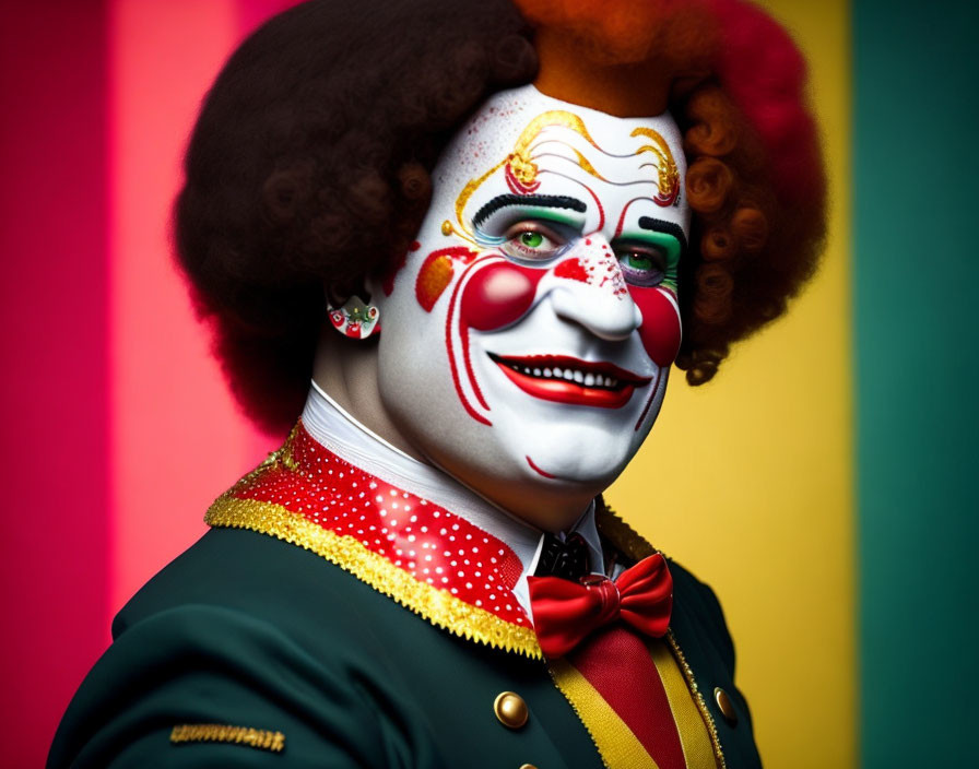 Colorful clown with painted face and wavy wig in bedazzled costume and red bowtie on