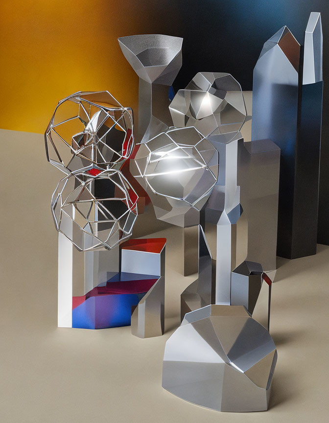 Geometric Metal Sculptures in Various Shapes on Colorful Background