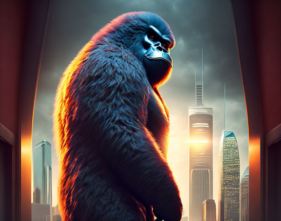 Massive gorilla in city skyline at fiery sunset