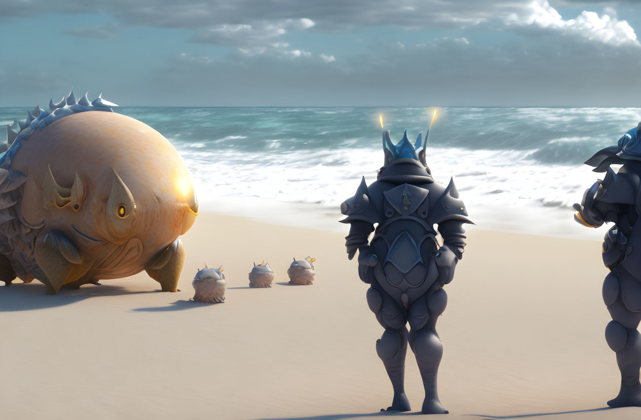 Armored armadillo-like creatures chatting on a beach.