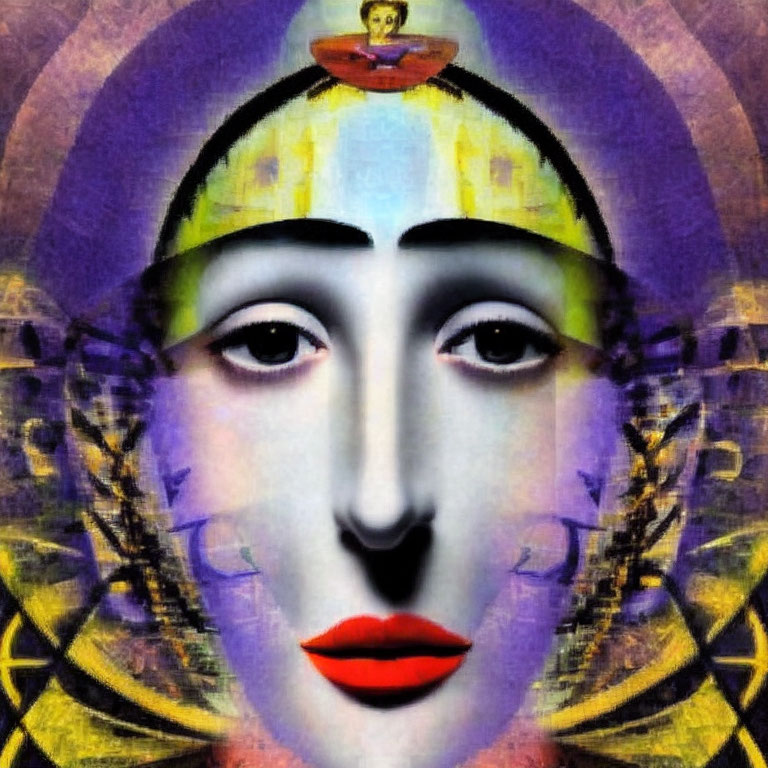 Symmetrical abstract portrait with central face, lips, eyes, and intricate patterns