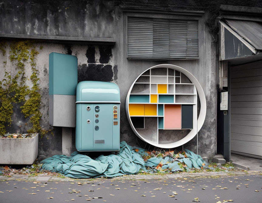 Vintage Turquoise Refrigerator Next to Gray Building with Colorful Abstract Design