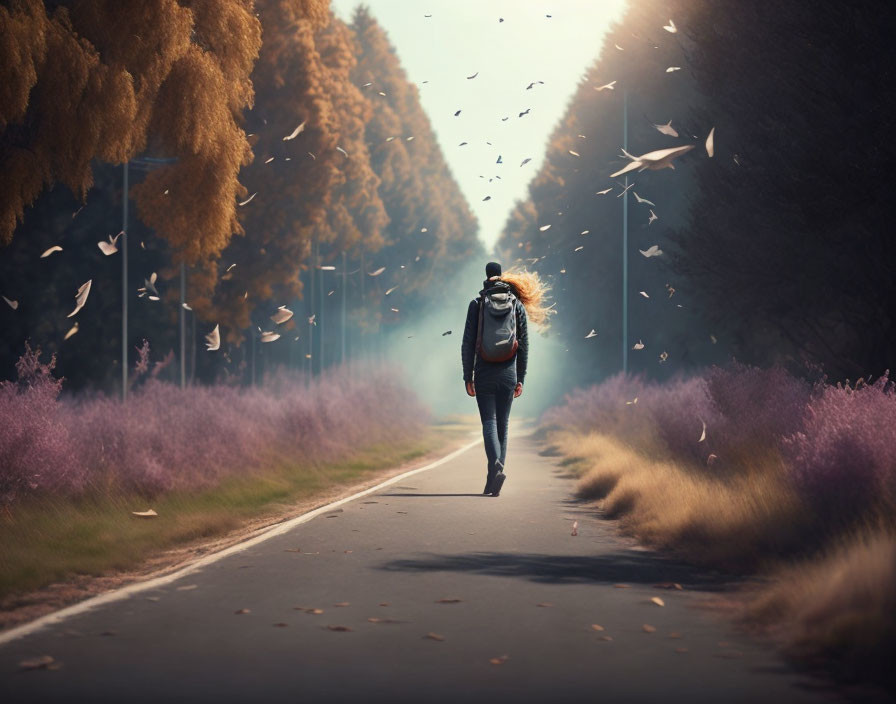 Person walking on road with autumn trees and purple flowers