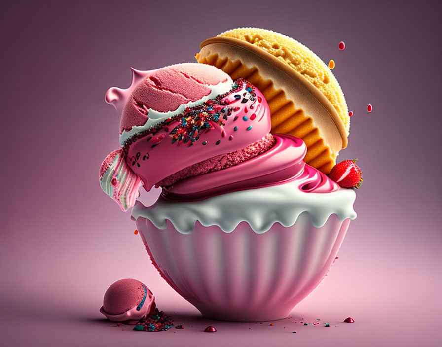 Colorful 3D illustration of layered cupcake with pink icing, strawberries, sprinkles, and