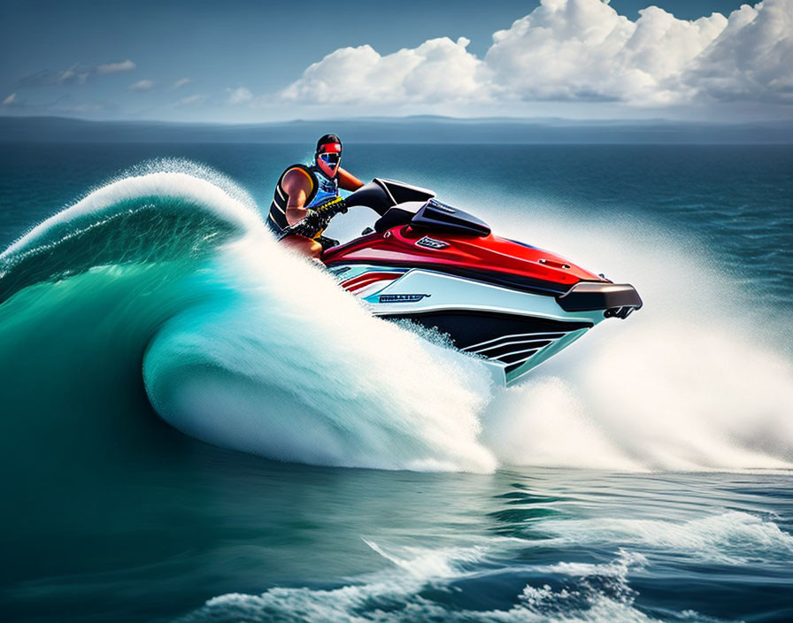 Jet ski rider creates splash in turquoise ocean