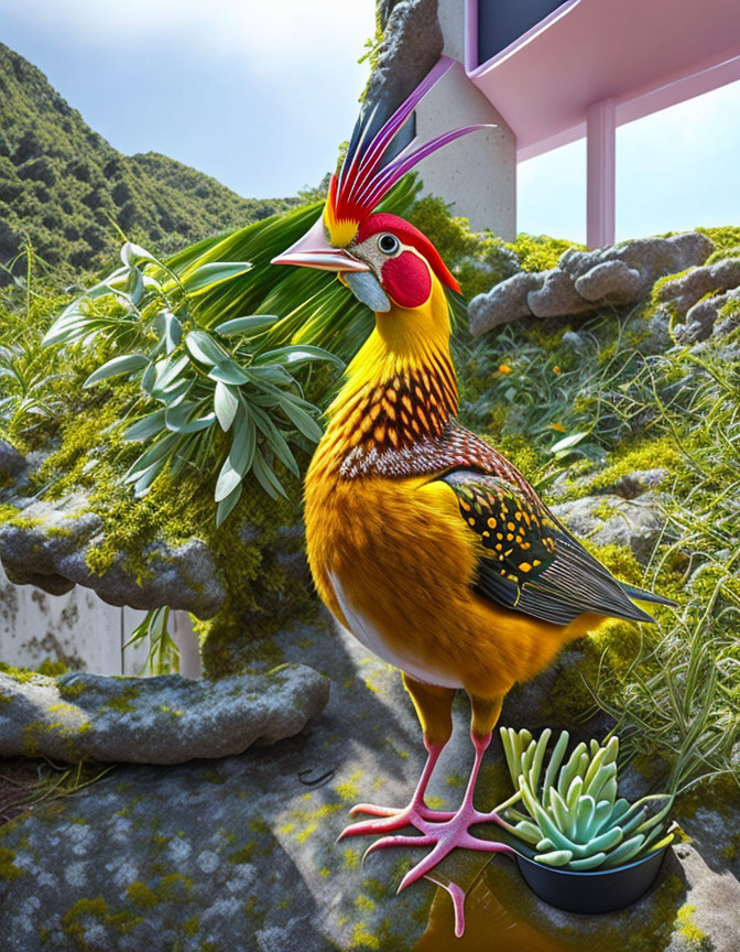 Colorful fantastical bird with elaborate feathers in mountain backdrop