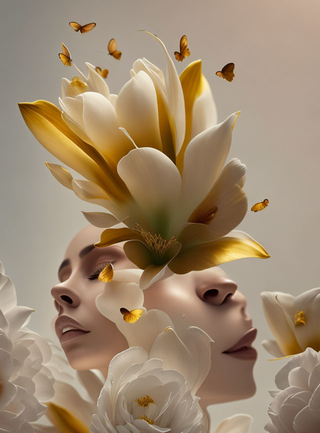 Woman's portrait merged with white flowers and butterflies - artistic depiction.