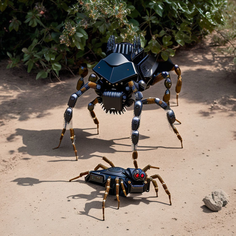 Giant Black and Gold Mechanical Spider Dominates Smaller Robot in Sand