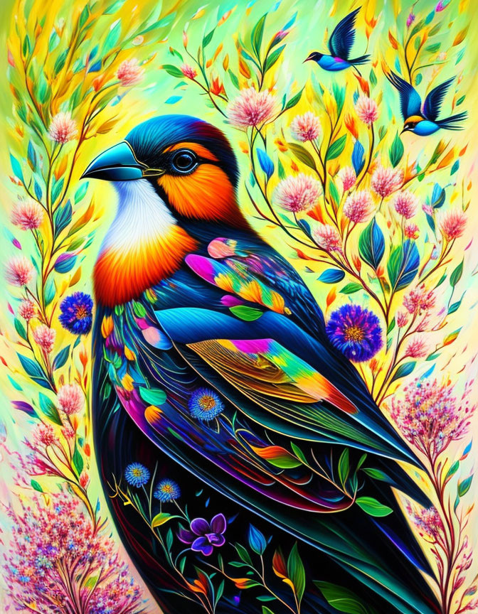 Colorful bird surrounded by flowers and birds in flight on whimsical background