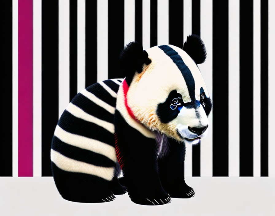 Vibrant panda graphic with bold stripes on pink background