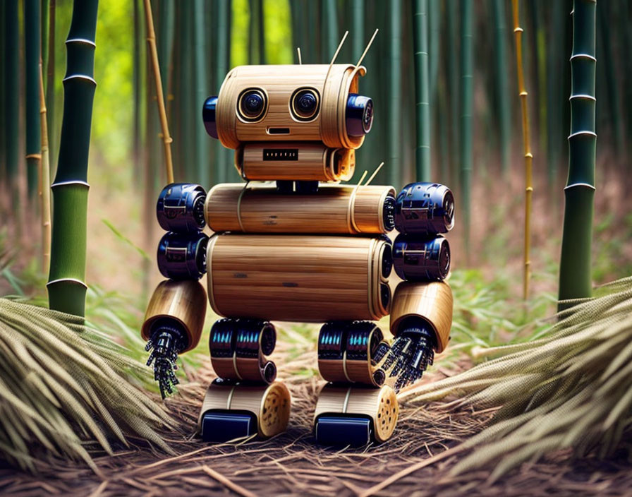 Anthropomorphic robot in bamboo forest with wooden texture