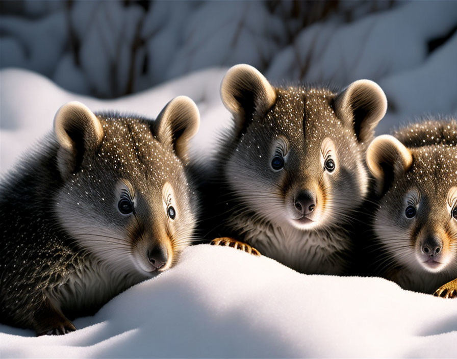 Three Tanukis with Unique Facial Markings in Snowy Landscape