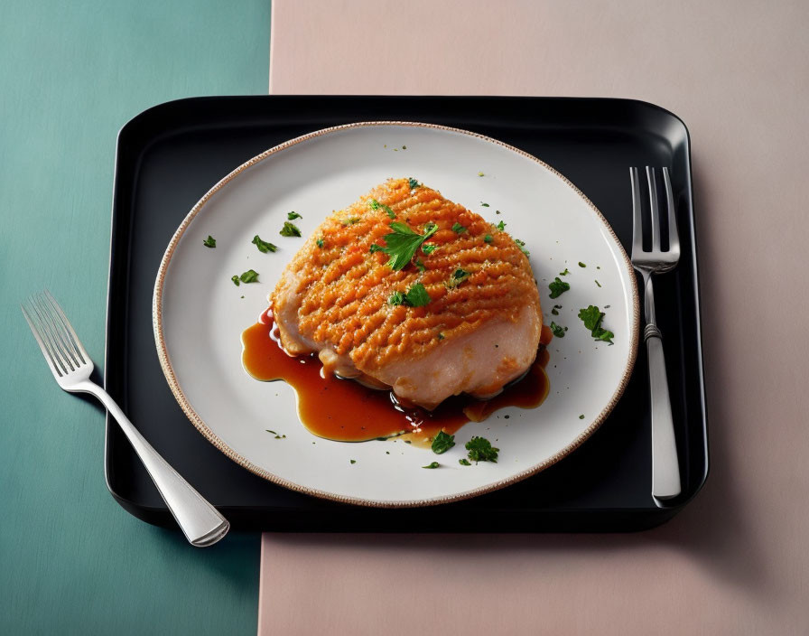 Crispy Crumb Topped Chicken Breast with Sauce Drizzle and Parsley on Black Plate