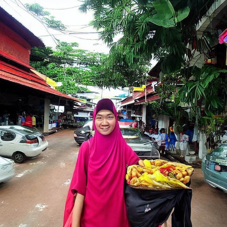 Woman in Pink Hijab Carrying Bananas on Head in Busy Street