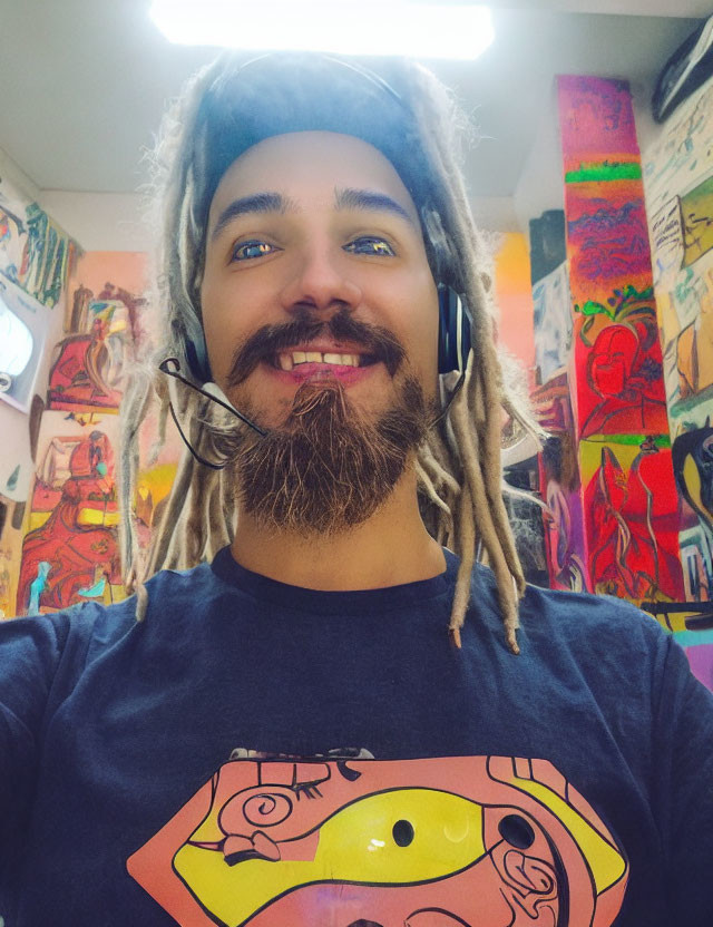 Smiling man with dreadlocks, beard, glasses, cartoon t-shirt, colorful background