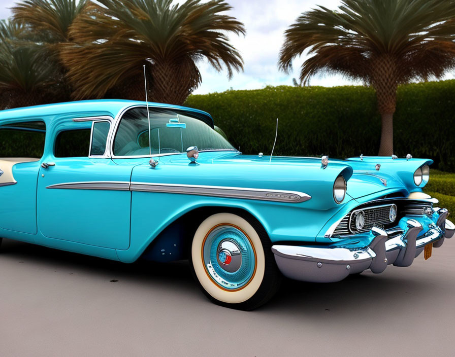 Vintage turquoise Chevrolet with tail fins and white wall tires by palm trees