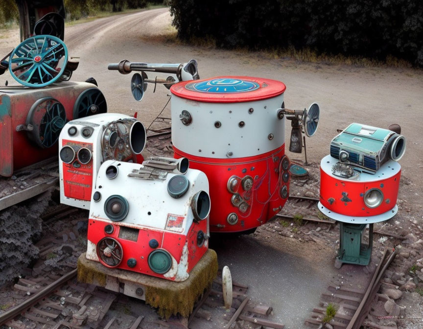 Red and White Robotic Train Car Figures on Abandoned Railway Tracks