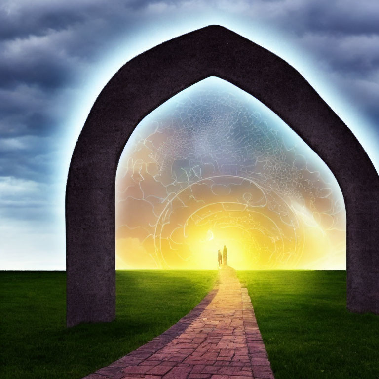 Surreal stone archway with silhouette on vibrant backdrop