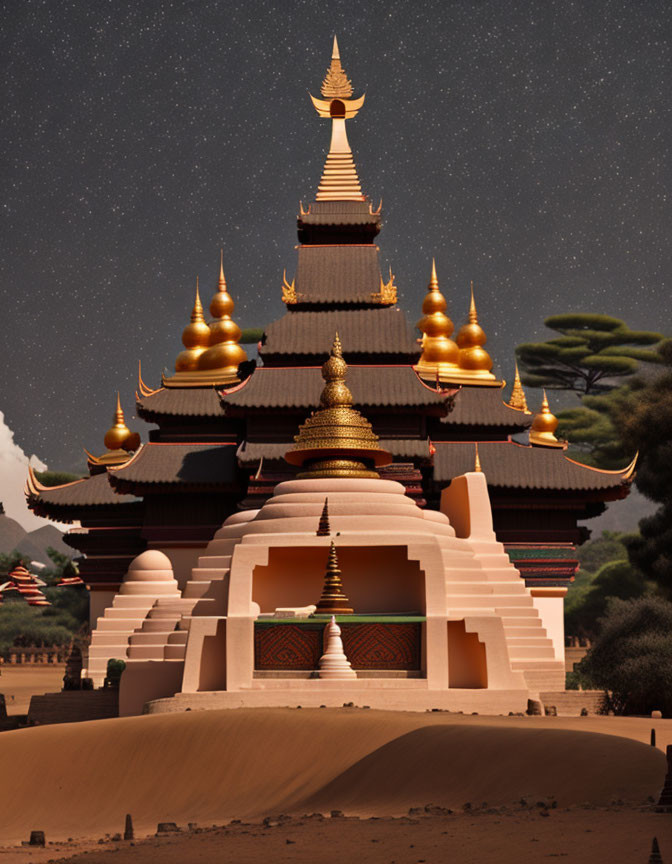 Digital art: Ornate temple with golden domes in desert night scene