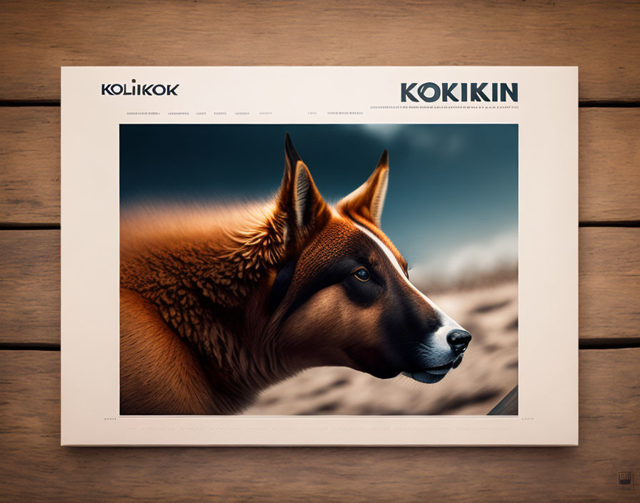 Dog profile photo in frame with focused face on blurred background. Magazine-style layout with titles.