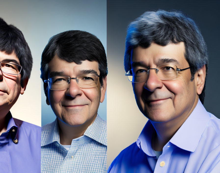 Dual poses of a man with glasses and a straight gaze, and smiling without glasses on blue gradient background