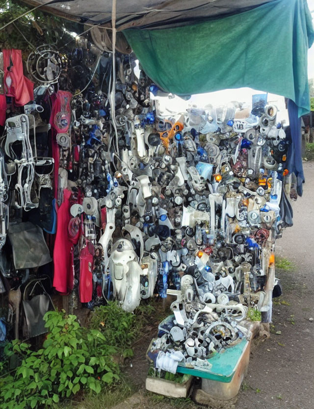 Roadside stall showcasing motorcycle headlights under green tarpaulin