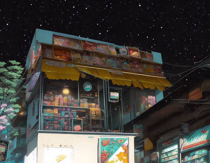 Cozy illuminated corner store in serene nocturnal town