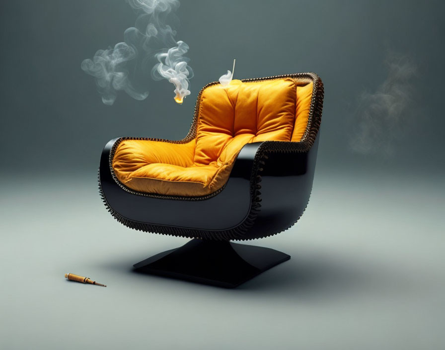 Black Swivel Chair with Yellow Cushions, Cigarette, Smoke, and Matchstick