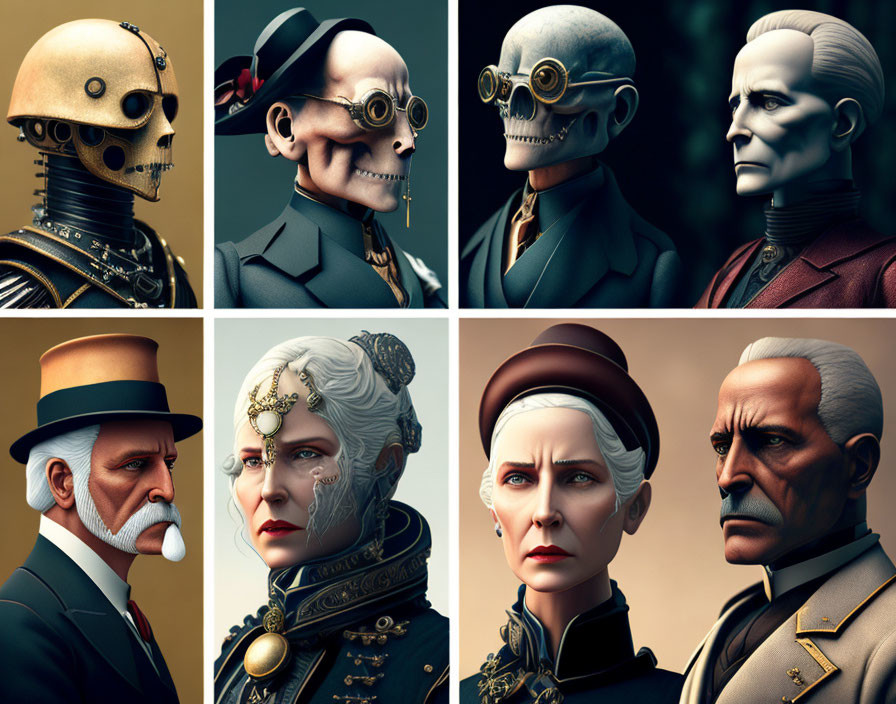 Stylized steampunk-inspired character portraits with Victorian and futuristic blend