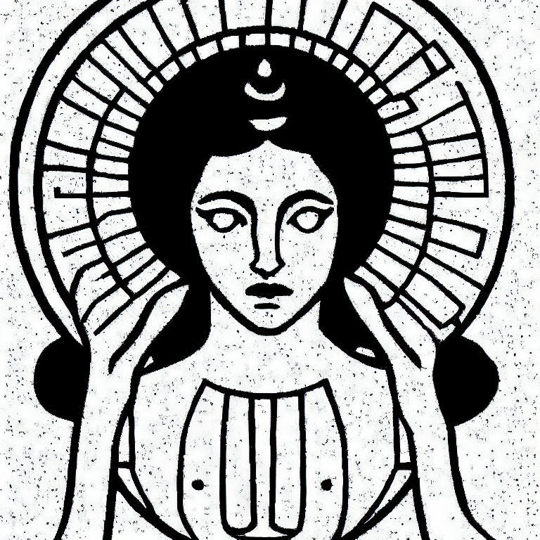 Monochrome illustration of stylized female figure with crescent moon and eye motif