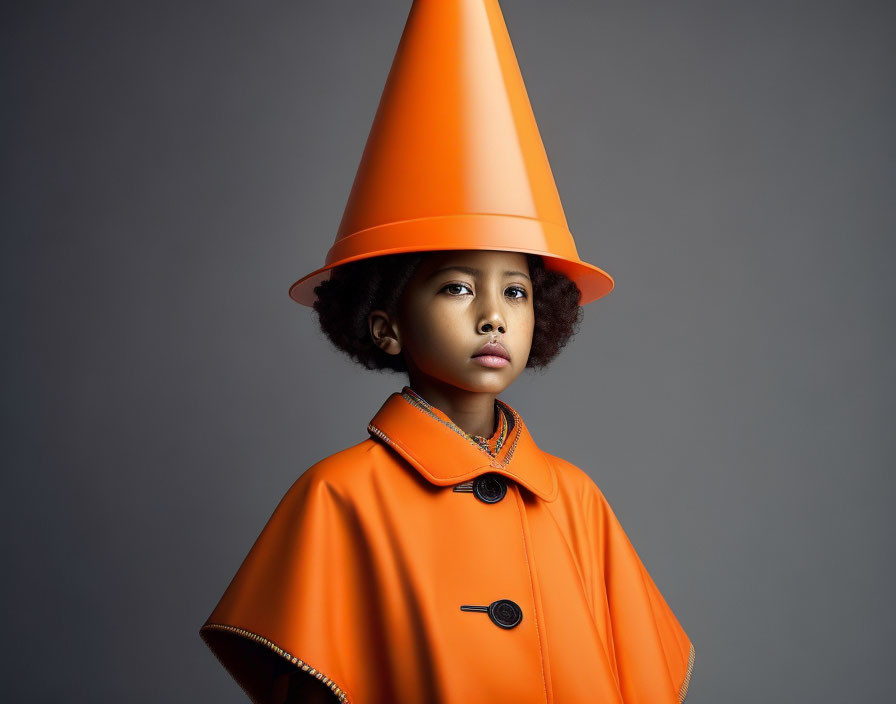 Child in Orange Coat with Traffic Cone Hat on Gray Background