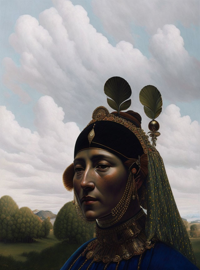Portrait of Woman with Feathered Headdress and Gold Jewelry in Pastoral Landscape