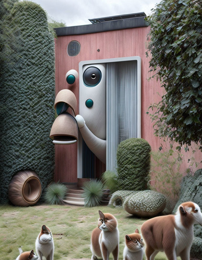 Surreal garden scene with oversized creatures and whimsical objects blending with lush greenery