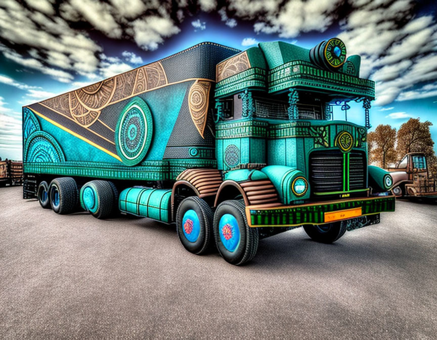 Colorful Decorated Semi-Truck Under Dramatic Cloudy Sky