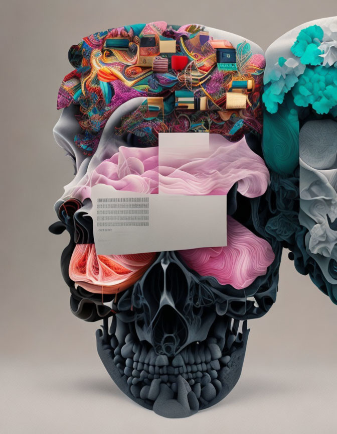 Colorful Digital Human Skull Art: Brain in Woven Patterns and Pastel Swirls