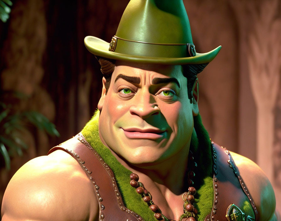 Broad-chinned animated character in green vest and fedora with confident expression in jungle setting