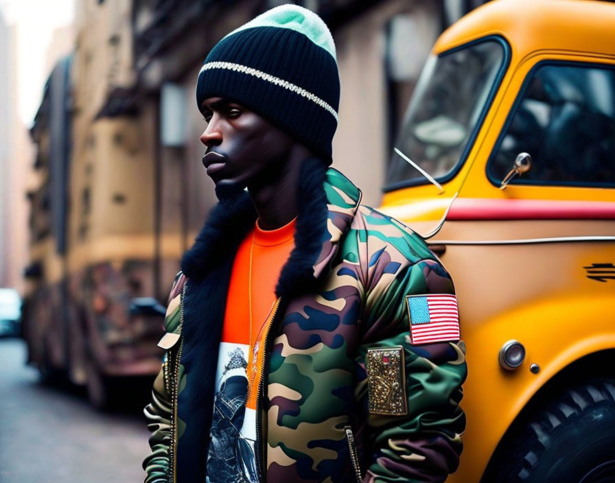 Man in Camo Jacket and Beanie Poses by Yellow Vehicle