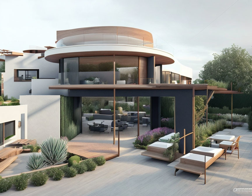 Contemporary two-story house with flat roofs, upper balcony, and landscaped garden.