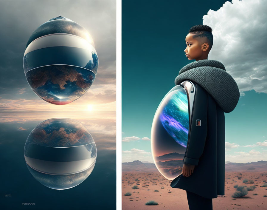 Young boy in desert gazes at levitating reflective orb showing cosmos glimpse