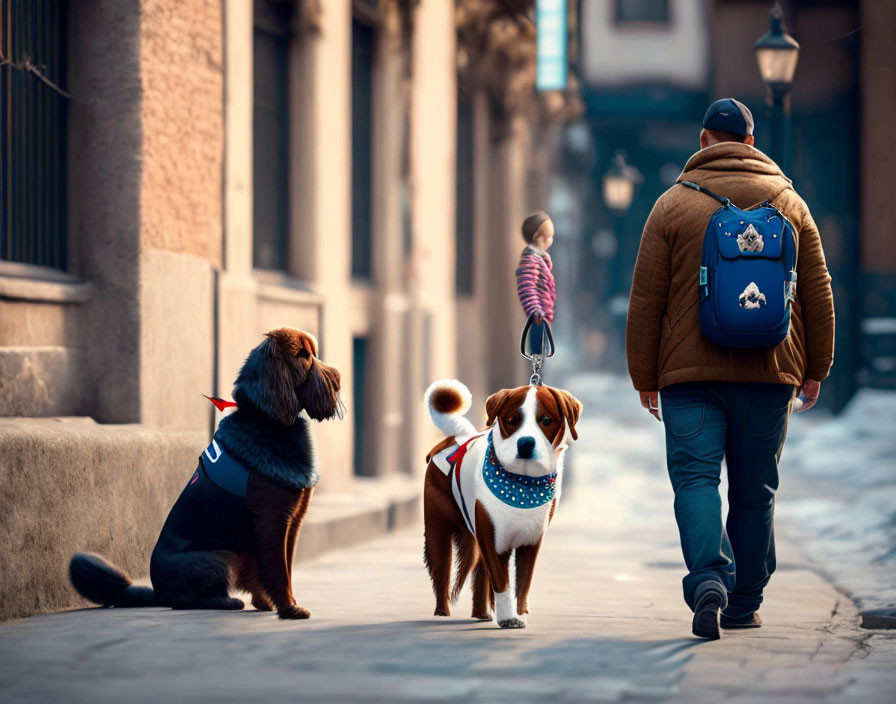 Person walking dog on leash with another dog watching in tranquil city street