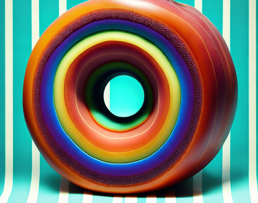 Multicolored torus with concentric rings on blue and white background