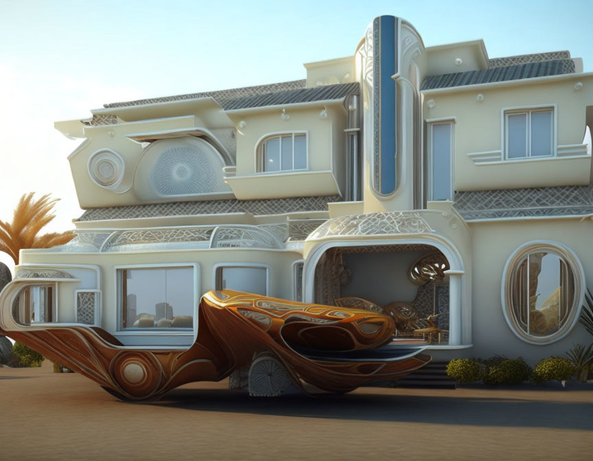 Organic Futuristic House and Seed Pod-Inspired Vehicle in Desert