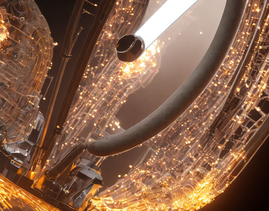 Glowing orange lights on futuristic machinery in circular metallic structures